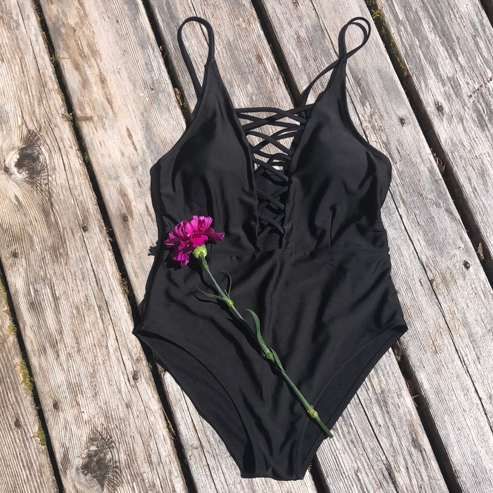 Black plunge one piece bathing suit